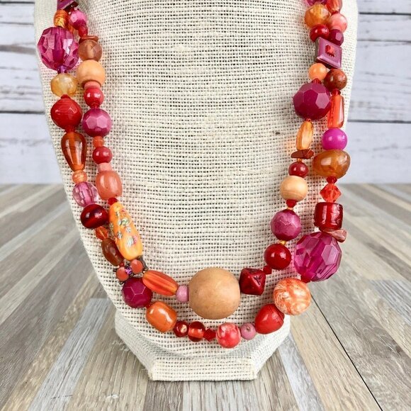 Multicolor Red Orange Beaded Necklace - Picture 4 of 6